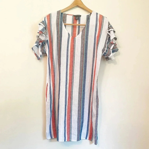 Chelsea & Theodore Short Double Ruffle Sleeve V-Neck Striped Linen Dress - Picture 3 of 9